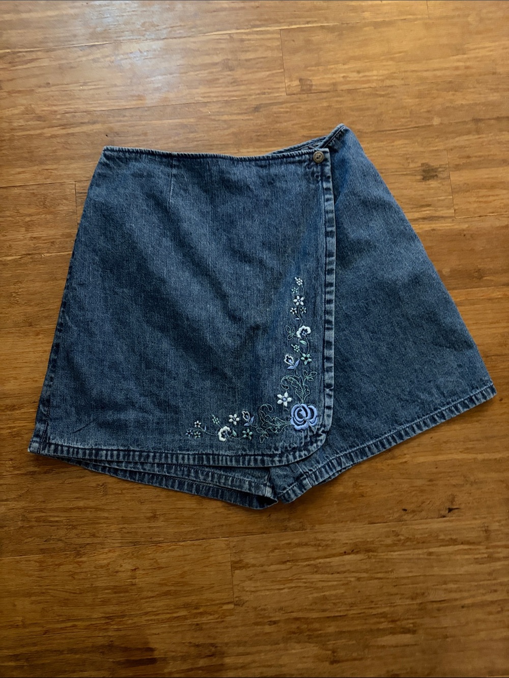 Northern Reflections Denim Wrap Mini Skort with Blue Floral Embroidery